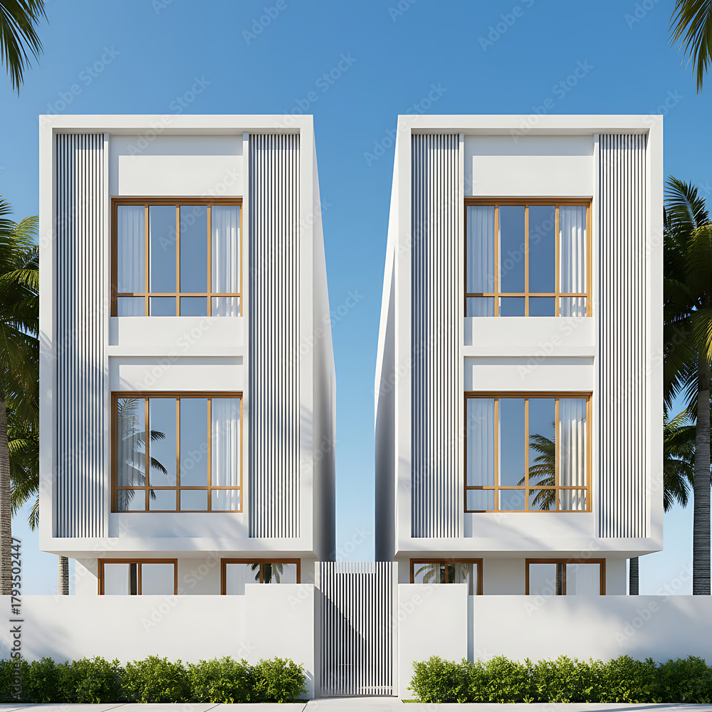 Fototapeta premium Modern minimalist residential architecture with clean geometric facade, large glass windows, and contemporary luxury design under clear sky