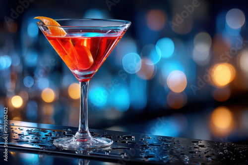 Red cocktail in martini glass with orange peel on bar