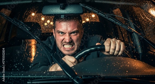 An angry man driving a car in the rain at night, gripping the steering wheel tightly with a furious expression.