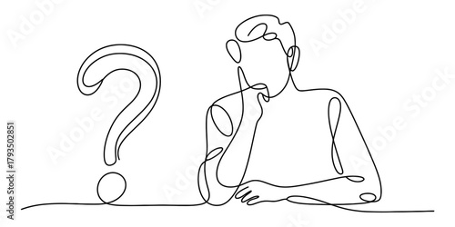Continuous one line drawing of a pensive person next to a large question mark, symbolizing contemplation, problem-solving, and uncertainty. Vector