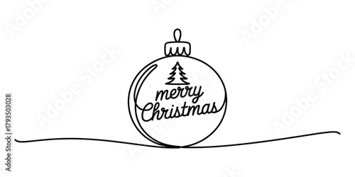 One line art christmas bauble with merry christmas text and tree icon, continuous outline drawing of holiday ornament on white background Vector