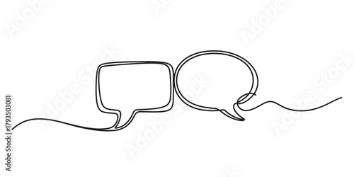 Continuous line drawing of two connected speech bubbles representing dialogue, conversation, and idea sharing. minimalist communication concept. Vector