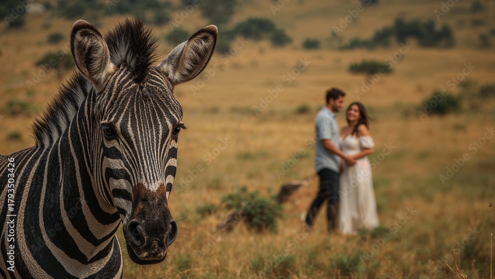 Obraz premium A close-up of a zebra's face in the foreground with a couple standing and embracing in a grassland landscape in the background.