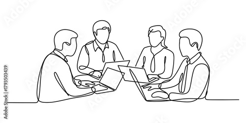 Continuous line drawing of four business people collaborating on laptops around a table, depicting teamwork, communication, and modern office work. Vector
