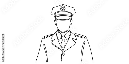 Continuous line art drawing of a male police officer in uniform with cap and badge, symbolizing law enforcement, security, and public safety on a clean ground Vector