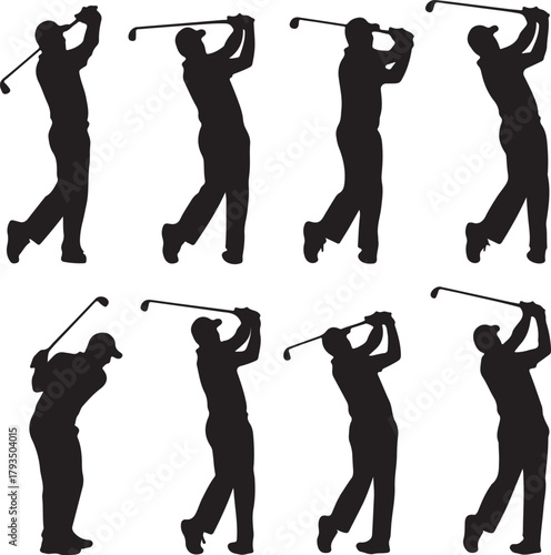 Eight Silhouettes of a Golfer Swinging a Club in Various Stages of the Swing on White Background sport on transparent background