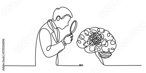 Continuous line drawing of a person using a magnifying glass to examine a complex and tangled human brain, symbolizing deep thought and mental health analysis. Vector