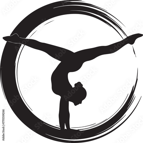 Silhouette of a Gymnast Performing a Handstand within a Brush Stroke Circle on White Background gymnastics on transparent background