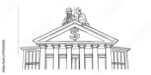 Financial institution line art depicting a classical bank building with a prominent dollar sign and two figures overseeing from the roof. Vector