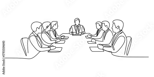 Business meeting with a team of professionals discussing strategies around a conference table, depicted in a minimalist continuous line art style Vector