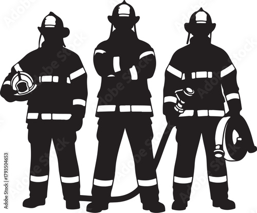 Three Firefighter Silhouettes in Protective Gear Holding Equipment on White Background firemen fire fighting on transparent background