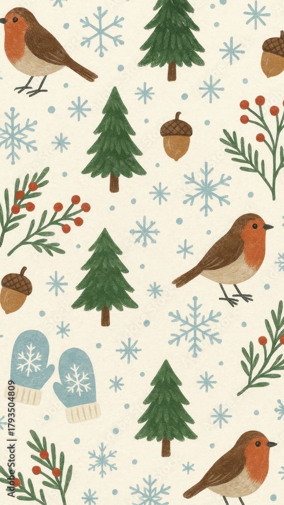 Fototapeta premium Festive birds trees snowflakes acorns mobile wallpaper