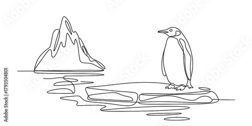 One continuous line drawing of a majestic emperor penguin standing on an ice floe, with a towering iceberg in the serene cold ocean. minimalist arctic wildlife scene. Vector