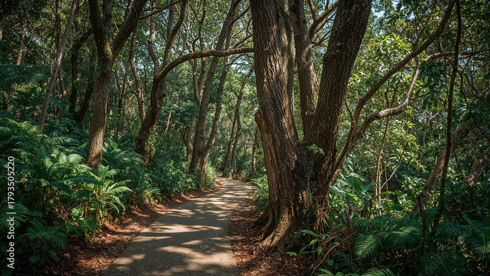 Obraz premium A forest trail surrounded by trees and lush greenery.