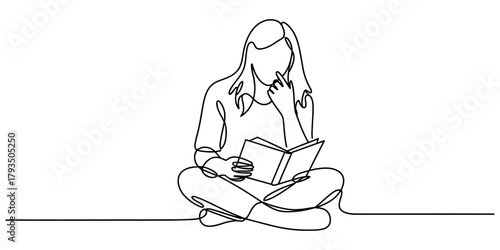 Continuous line drawing of a young person sitting cross-legged, engrossed in reading a book, symbolizing learning, education, and knowledge. Vector