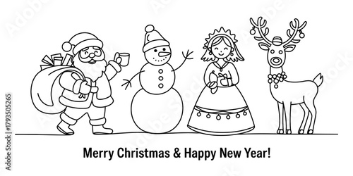 Whimsical outline drawing of festive christmas and new year characters: santa, snowman, winter maiden, and reindeer, perfect for coloring Vector