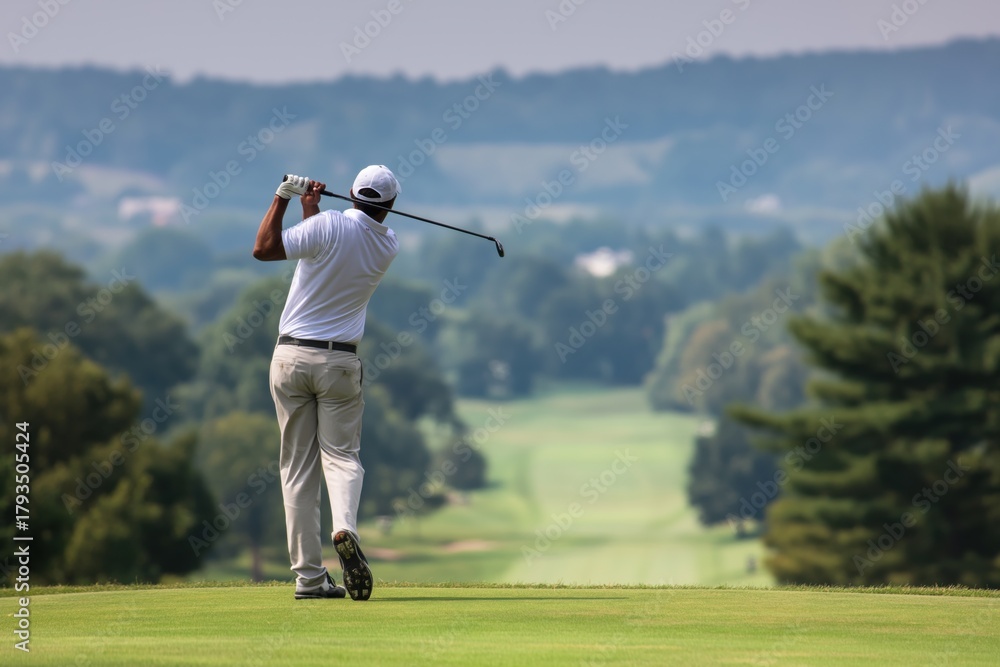 Obraz premium Professional Golfer Hitting a Drive on a Beautiful Sunny Golf Course
