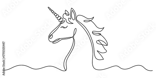 Unicorn head continuous one line drawing art. minimalist mythical creature outline with elegant horn and flowing mane. fantasy symbol. Vector
