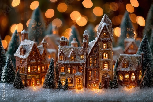 Miniature illuminated houses nestled among frosted evergreen trees under warm bokeh lights