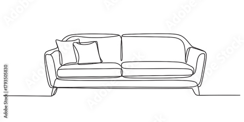 Continuous one line drawing of a modern minimalist living room sofa with two soft cushions. stylish furniture design element in simple black outline art style on white. Vector