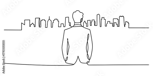 Continuous line drawing of a businessman standing and looking at a modern city skyline, symbolizing urban aspiration, growth, and future opportunities. Vector