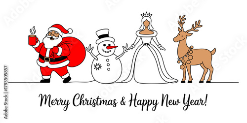 Cheerful festive line art illustration featuring santa claus, a snowman, a winter princess, and a reindeer for holiday greetings and seasonal joy Vector