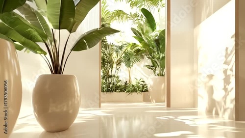 Sunlight streams through a modern hallway illuminating potted plants.