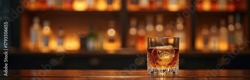 Elegant glass of whiskey sits on bar top with dark wood surface. Ice cube cools brown liquor in tumbler against blurred bottle shelf backdrop at night. Enjoy premium alcohol drink.