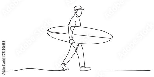 Surfer in a cap carrying surfboard, walking along the beach, depicted in a modern continuous single line art style, minimalist illustration on white background Vector