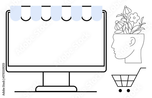 Computer with storefront, head with flowers growing, and shopping cart visualizing modern online business, innovation, and sustainable practices. Ideal for e-commerce, creativity, growth