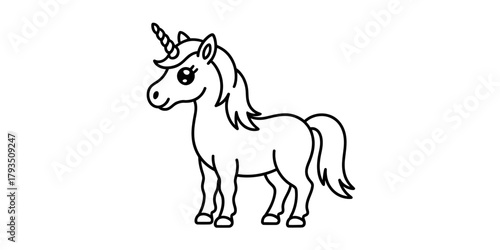 Unicorn cartoon line art illustration. simple black outline mythical creature graphic design element for children's projects and fantasy themes. Vector