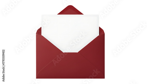 A red envelope is open with a white blank card peeking out from inside.