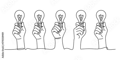Continuous line art illustration: five hands holding lightbulbs, symbolizing collective ideas, innovation, creativity, teamwork and solutions. Vector