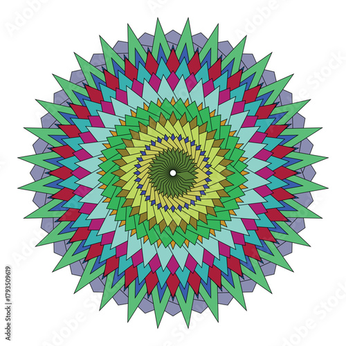 Colorful geometric floral pattern radiates outward in a circular design