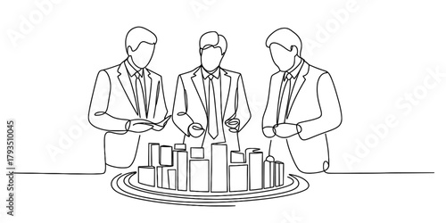 Continuous line drawing of three businessmen discussing real estate development and urban planning, reviewing a miniature city model collaboratively. Vector