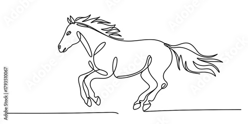 Continuous line drawing of a majestic horse galloping across a pristine white background, showcasing minimalist elegance and dynamic motion art. Vector