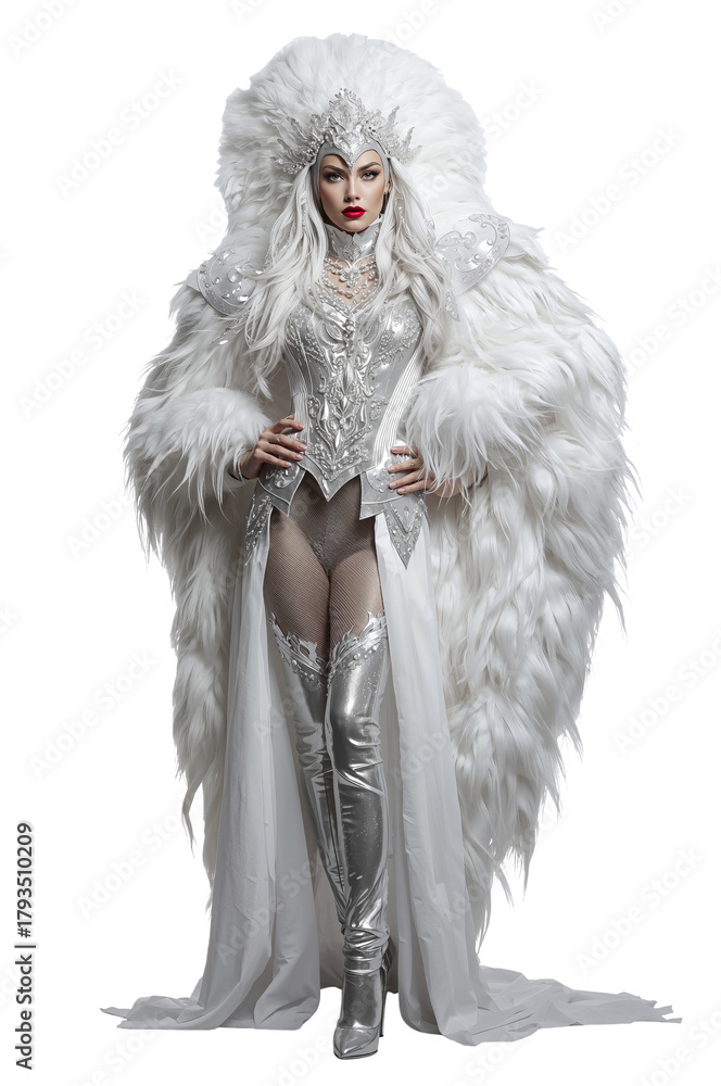 Fototapeta premium Elegant Performer in White Costume Poses Confidently During a Winter-Themed Event