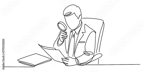 Continuous line drawing of a businessman meticulously examining documents with a magnifying glass, symbolizing detailed analysis. Vector