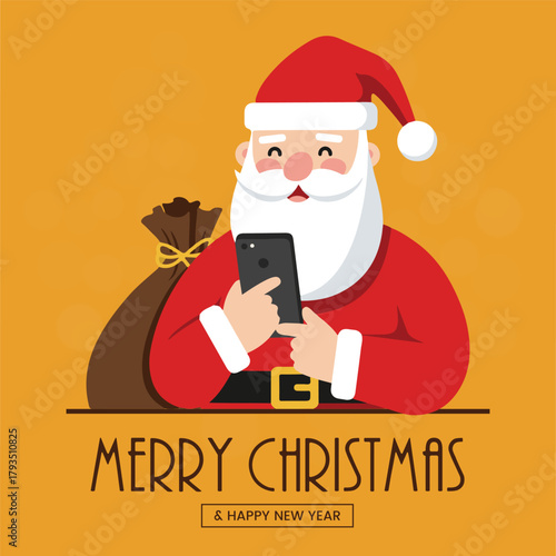 Modern Santa Claus Using Smartphone While Holding a Sack of Gifts for Digital Merry Christmas and Happy New Year