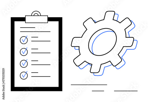 Checklist with checkmarks next to tasks and large gear symbolizing planning, productivity, and system improvement. Ideal for task management, workflow, efficiency, operations, goal setting, planning