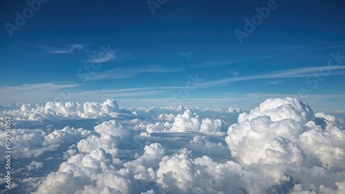 Fototapeta Naklejka Na Ścianę i Meble -  Aerial view of clouds over the sky with blue and white hues. Clear sky and fluffy clouds, high altitude perspective.