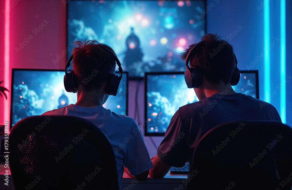 Fototapeta premium Two young friends play modern video games late at night. Gamers wear headphones, focused intensely on multiple glowing computer monitors in dark room with colorful neon lights. Enjoy online