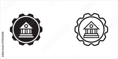 A collection of bank or court building icons, displayed in a solid black style with borders, shaped like decorative gears or badges, symbols of government, law, or finance.