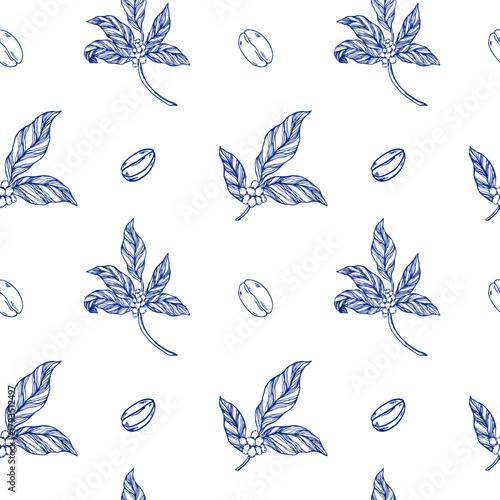 Seamless vector pattern with coffee plant branches, leaves, flowers, and berries in elegant toile de jouy style. Perfect for wallpaper, fabric, wrapping paper, coffee shop decor, and packaging design.