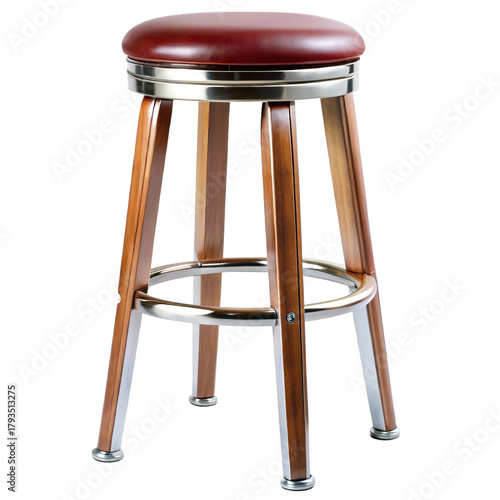Buy wooden bar stool with cushion seat and metal footrest for kitchen island counter height on transparent background