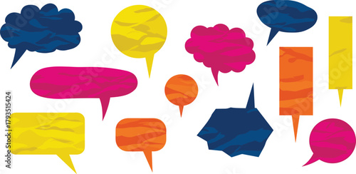 Collection of colorful speech bubbles with textured backgrounds and varied shapes representing communication and dialogue