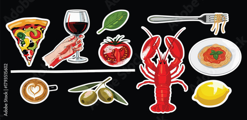 A collection of Italian food and drink icons including pizza, pasta, wine, coffee, and seafood