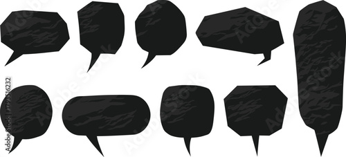 Collection of ten black textured speech bubbles, perfect for graphic design projects and adding text to images