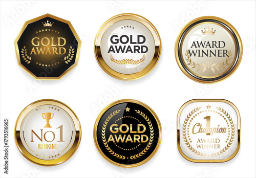 Gold Medal Award badge and emblem illustration with laurel wreath isolated on white background 