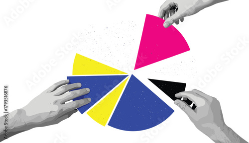 Hands Assembling a Pie Chart Collaboration and Data Analysis in a Visual Representation